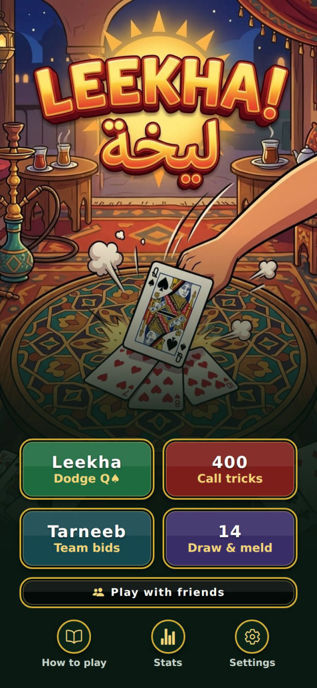 The Leekha app's home screen: the logo over a café table, and buttons for Leekha, 400, Tarneeb, 14 and Play with friends