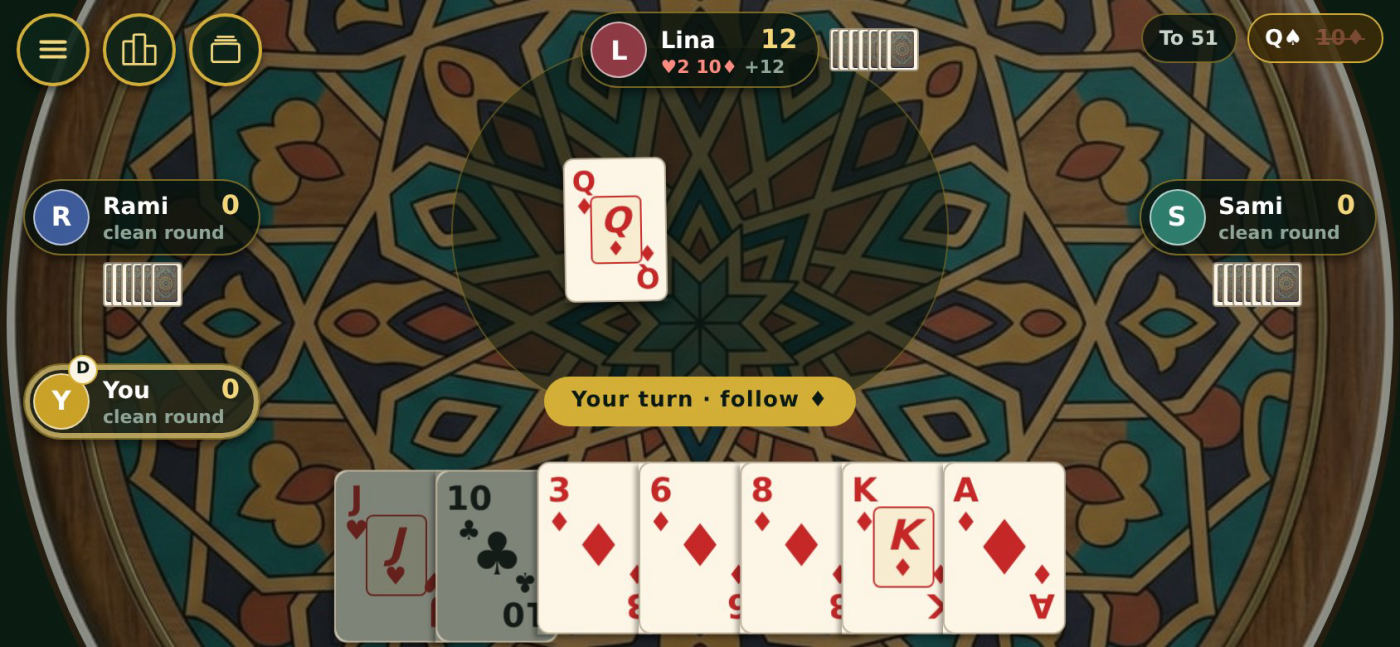 A game of Leekha in progress: three opponents around a patterned table, the queen of diamonds led, and your hand of cards along the bottom