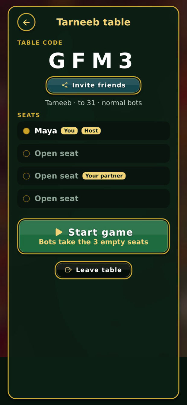 A Tarneeb table waiting to start: the table code GFM3, an Invite friends button, and four seats